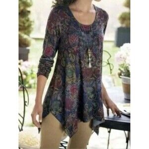 Soft Surroundings High Low Hem Multicolor Paisley scoop neck Long Sleeve Tunic